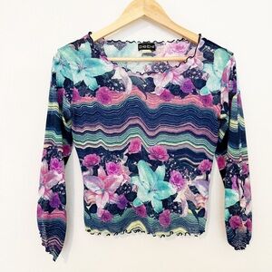Bebe Vintage Floral Multicolor Raver Sheer Crop Top Small